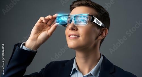 Professional woman wearing futuristic holographic AR glasses, interacting with advanced augmented reality technology for business and innovation
