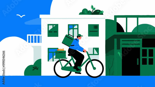 Food delivery courier riding bicycle flat vector illustration