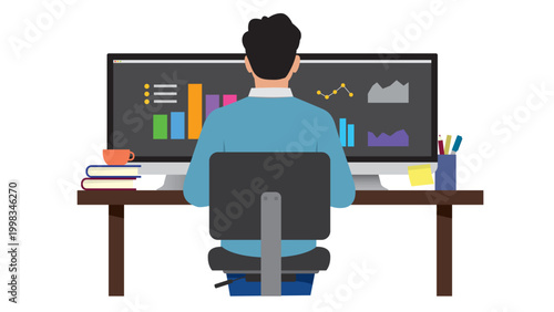 Vector illustration of man working at computer desk from behind. Clean, flat design style perfect for editorial, advertising or lifestyle projects