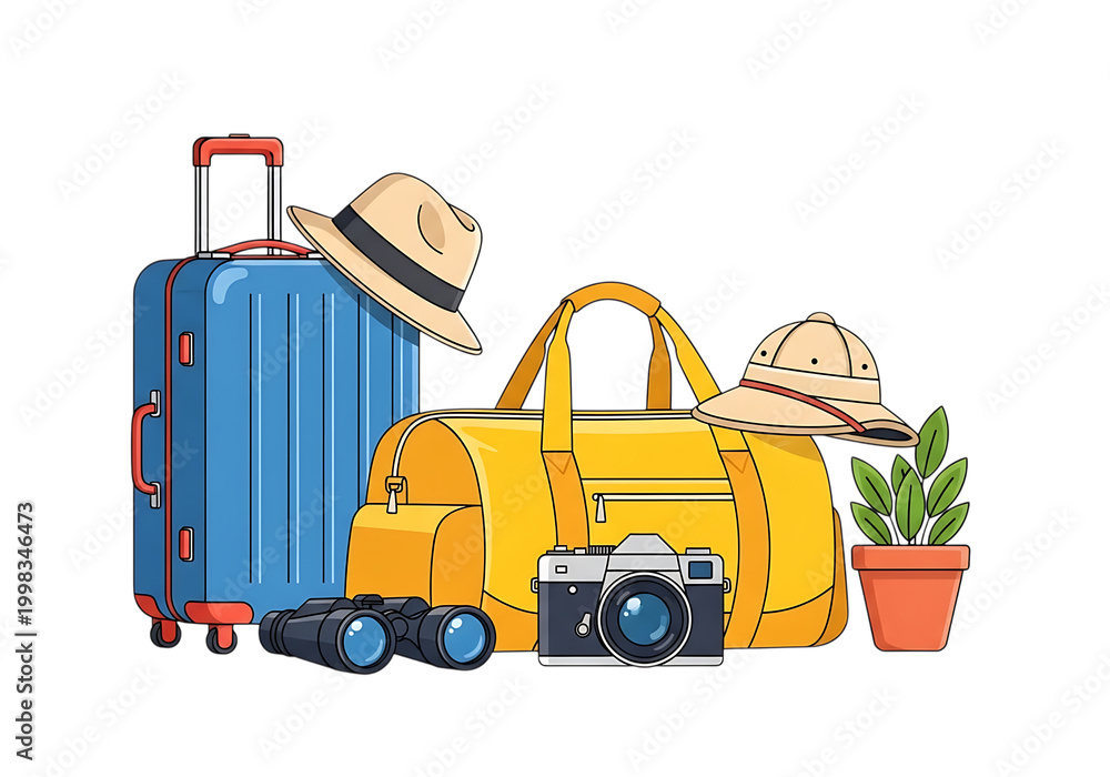 Fototapeta premium Train carrying luggage and travel items ready for a journey isolated on white background