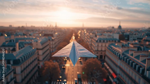 Cinematic footage of a white paper airplane gliding above a long city street at golden hour, with soft bokeh traffic lights and rooftops in the background