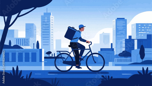 Food delivery courier riding bicycle flat vector illustration