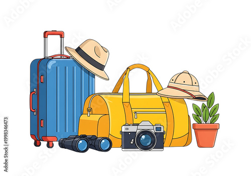 Train carrying luggage and travel items ready for a journey isolated on white background
