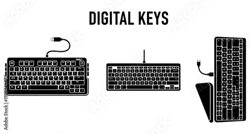 Various computer keyboards in silhouette against a white background