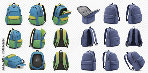 Set of colorful school backpacks in various views, isolated on a transparent background, ready for education and travel.