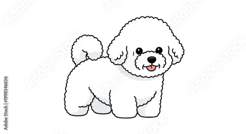 Cute Fluffy White Bichon Frise Dog Vector Illustration - Small Happy Puppy Cartoon Character Standing Isolated on White Background