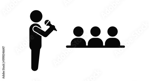 Stick figure speaker addressing an audience of three people with a microphone