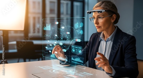 Professional businesswoman using holographic AR glasses interacts with futuristic data visualization on a transparent screen in an office.