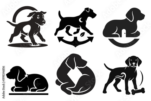 Minimal dog silhouette icons with portrait running and sleeping poses