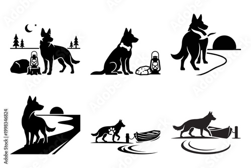 Pet silhouette icons with moon campsite and water scenes