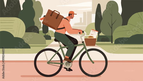 Food delivery courier riding bicycle flat vector illustration
