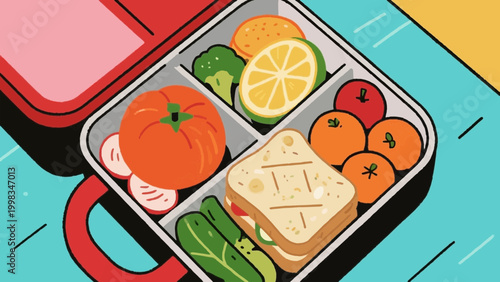 Healthy bento lunch box with balanced meal flat vector illustration