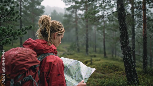 Side view of a woman trekker in red rain jacket holding a paper map on a wet trail in foggy conifer woodland, outdoor navigation and adventure travel concept