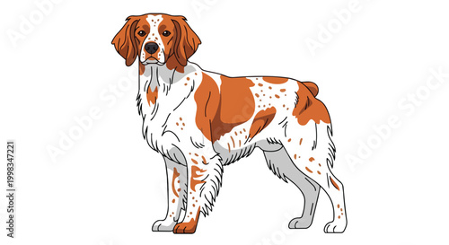 Purebred Brittany Spaniel Dog Standing Profile Vector Illustration Isolated on White Background