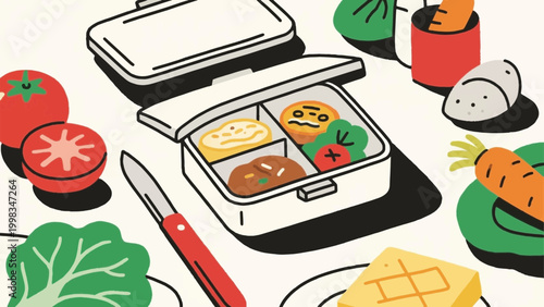 Healthy bento lunch box with balanced meal flat vector illustration