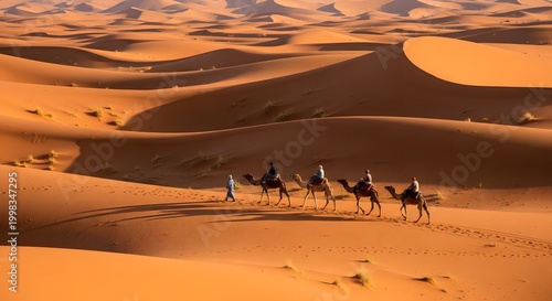 Happy summer day in the sahara camel trekking through golden dunes