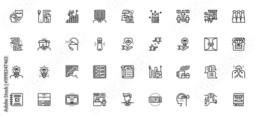 Creative Learning icon set. Vector illustration pack featuring emotions, translator, success, guru, chat, knowledge, teamwork, conference and more. Editable stroke.