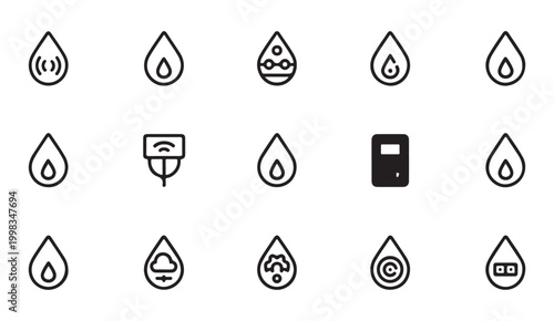Set of line art droplet icons representing smart technology digital connectivity and data management.