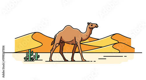 Desert Landscape with Camel Walking through Sand Dunes and Cacti Vector Illustration