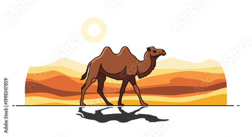 Bactrian Camel Walking in Desert Sand Dunes Vector Illustration with Sun and Shadow