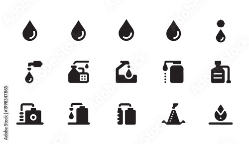 Industrial oil and fuel droplet icons featuring machinery canisters and production plant silhouette.