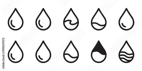 Linear water drop icons featuring waves and fill level indicators for industrial and weather graphics.