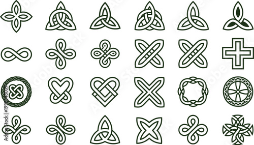 Collection of dark green Celtic knot line art icons including triquetra infinity heart and cross symbols for branding and spiritual design.