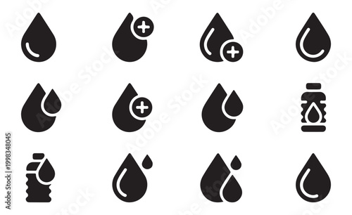 Set of 12 vector black and white liquid drop icons with plus sign on transparent background.
