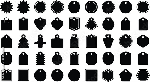 Large collection of black price tag silhouettes including various geometric shapes labels stickers and hanging paper coupons for retail sale promotion.