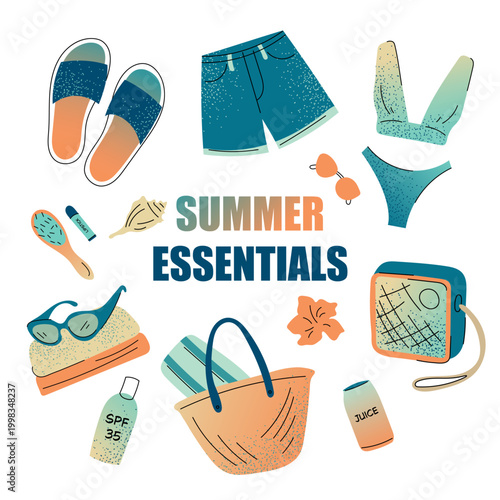 Hand drawn summer illustration set. Comprehensive collection of summer vacation essentials including beach hats and sunglasses with tropical drinks and a clothes.