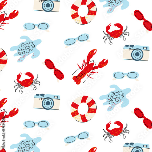 Summer beach elements pattern. A collection of stickers depicting various beach and pool items.
