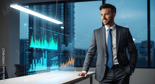 Confident businessman wearing holographic AR glasses interacting with futuristic data visualization in a modern office