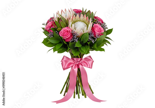 Elegant bouquet of pink roses tied with a decorative ribbon and greenery isolated on white background