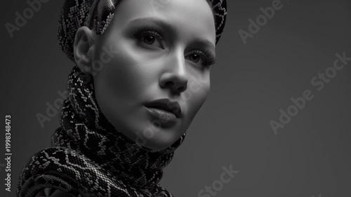 Dramatic studio footage of a fashion model with a python wrapped around her head and neck, monochrome lighting and copy space, concept of danger, beauty and power