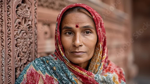 Cinematic close-up footage of an Indian woman wearing a patterned sari and headscarf with bindi, leaning by carved stone wall, calm expression, shallow depth of field