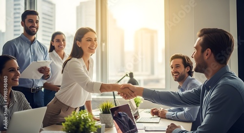 Businesspeople shaking hands in office agreement collaboration