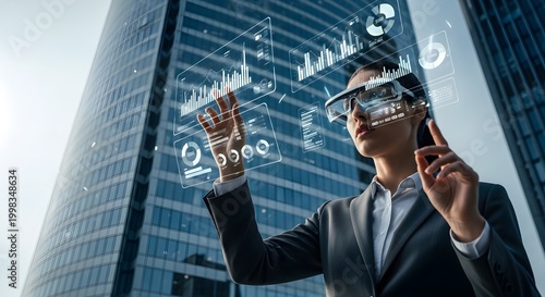 Professional woman in suit using holographic AR glasses interacting with futuristic data interface in front of modern skyscraper