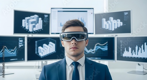Professional man in suit wearing futuristic holographic AR glasses in front of multiple monitors displaying charts and graphs