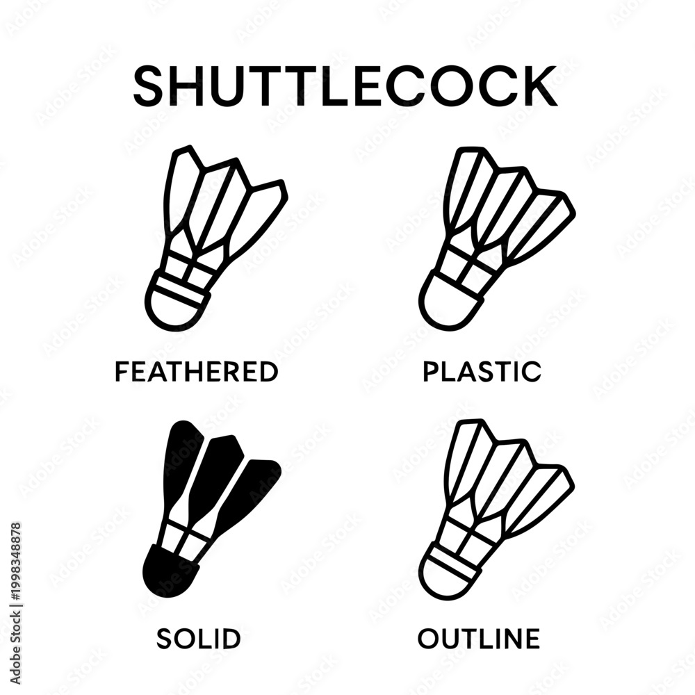 Fototapeta premium Shuttlecock icons set, badminton feathered, plastic, solid, outline styles.A set of shuttlecock icons in different styles, including feathered, plastic, solid, and outline, for badminton or sports-rel