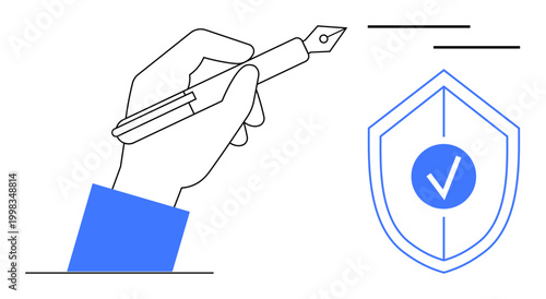 Data security, identity verification, authenticity, digital signatures, trust-building, compliance. Hand holding pen with checkmark in shield. Data security and identity verification concept