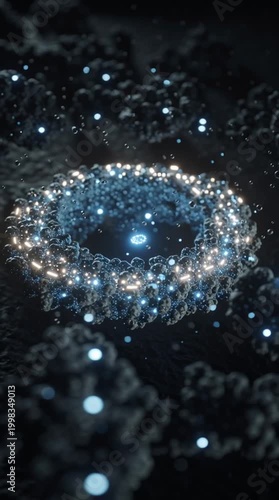 Microscopic reactor core concept, tiny glowing energy system surrounded by floating particles in dark space, futuristic scientific visualization with smooth motion, loopable for cinematic tech visuals
