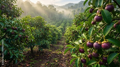 Sunlight illuminates a vibrant tropical mangosteen plantation, showcasing abundant purple fruits ready for harvest in a lush, misty agricultural landscape