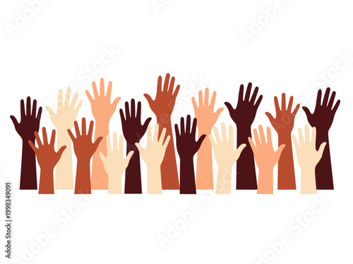 Multicultural Hands Raised Up Vector Illustration for Diversity, Inclusion, Equality, and Community Support