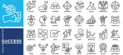 Success icon set collection. Containing story, partnership, efficiency, puzzle, performance, planning, expertise .Line vector icons collection