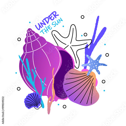 Set of colorful cartoon sea shells and starfish in various shapes and colors, isolated. For scrapbooking, summer, sea, ocean, beach, vacation, tropical, card design. 