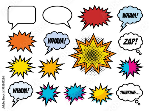 Comic Book Speech Bubbles and Explosion Bursts Vector Set with Pop Art Elements