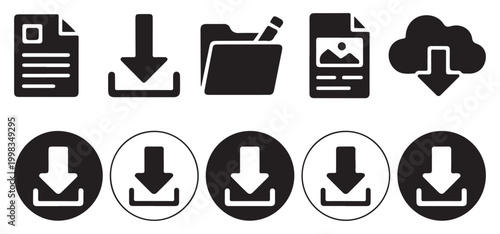 Solid black folder and file management icons with download arrows for web design. vector illustration eps 10