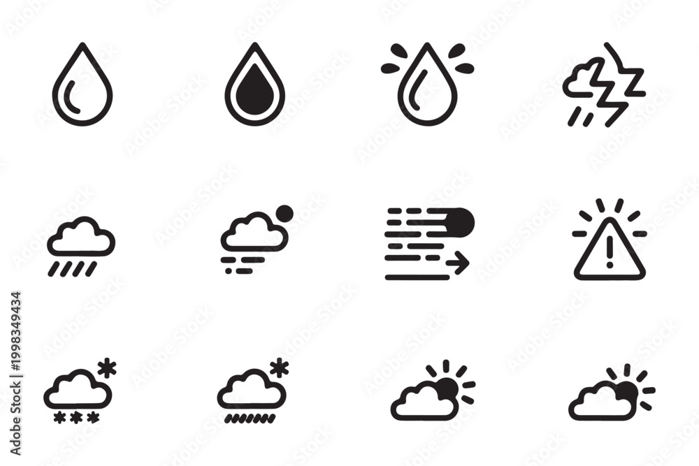 Fototapeta premium Weather forecast and meteorology icons set featuring rain clouds and storm symbols for app interface.