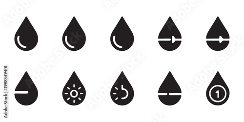 Water drop icons with timers, settings, and playback controls for water usage and flow management.