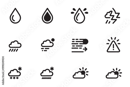 Weather forecast and meteorology icons set featuring rain clouds and storm symbols for app interface.